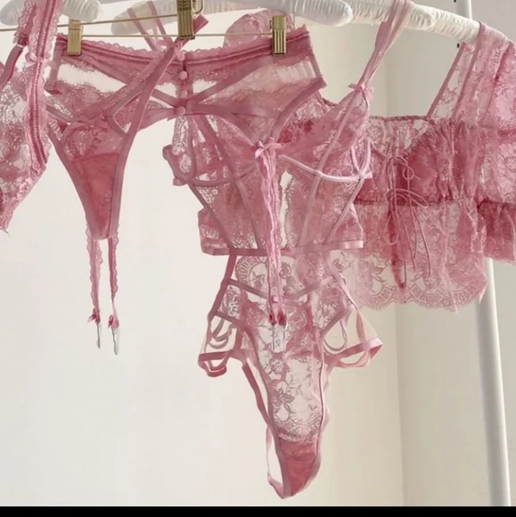 NWT For Love and Lemons 3pc SET Shimmer Lace BRA, GARTER & THONG
